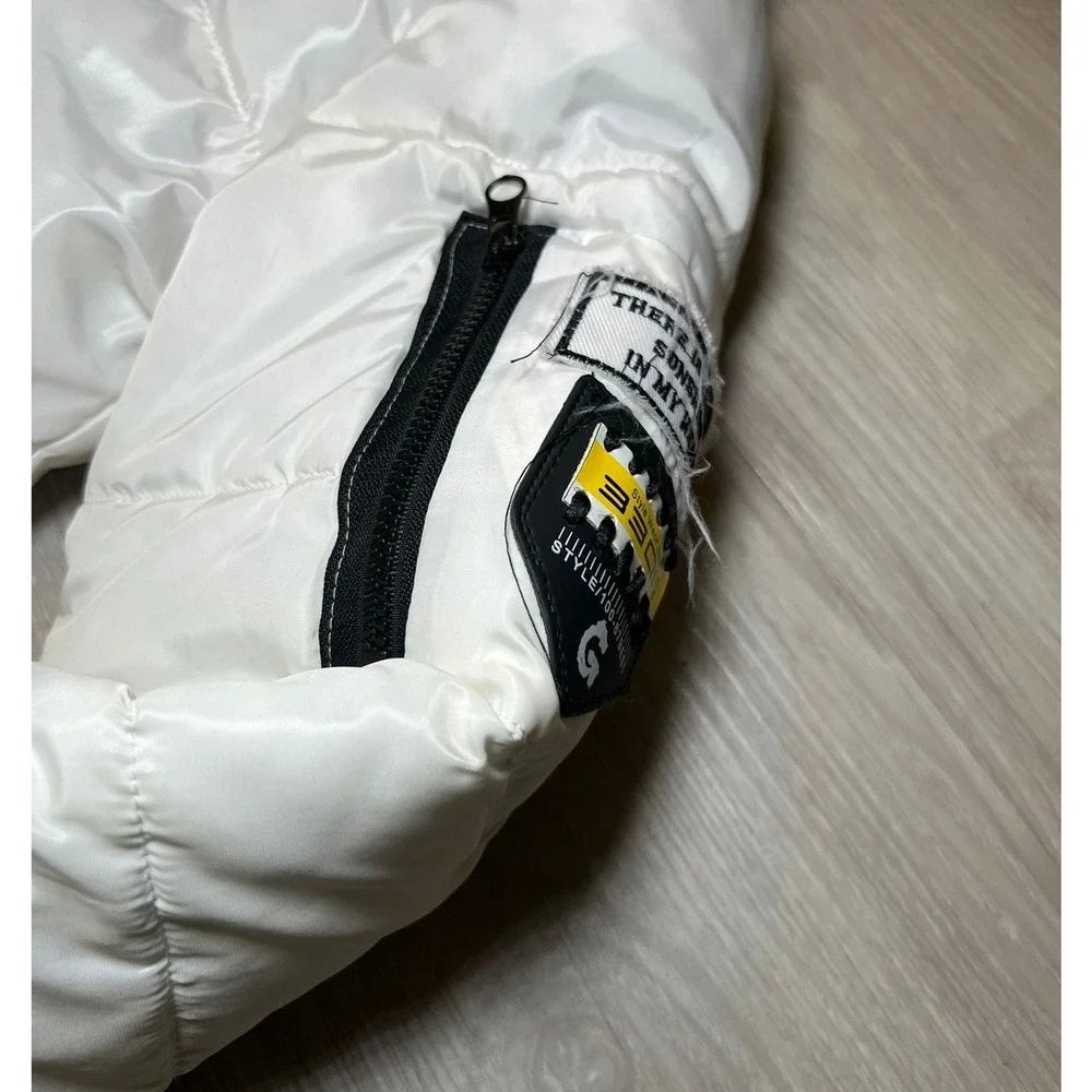 YYACHU Long Puffer Coat Womens M White Hooded Quilted Zip Front Winter Jacket